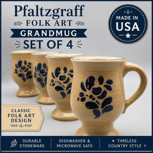 May include: Set of four Pfaltzgraff Folk Art Grandmugs. The mugs are tan with a dark blue floral design and a blue rim. The mugs are made in the USA and are dishwasher and microwave safe. The mugs are durable stoneware.