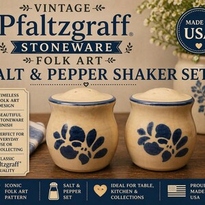 May include: A vintage Pfaltzgraff stoneware salt and pepper shaker set. The cream-colored shakers feature a blue floral design and blue trim. The set is part of the Folk Art collection and is proudly made in the USA.