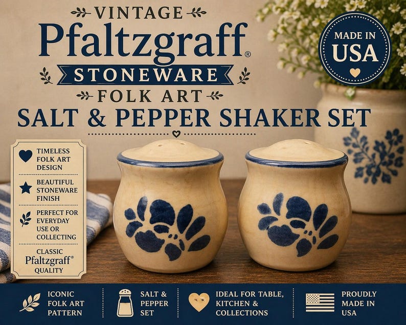 May include: A vintage Pfaltzgraff stoneware salt and pepper shaker set. The cream-colored shakers feature a blue floral design and blue trim. The set is part of the Folk Art collection and is proudly made in the USA.