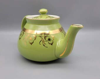 Vintage Hall Teapot New York Style Green & Gold Floral Teapot Jadeite Green Flower Tea Pot Antique Ceramic Porcelain Collectible