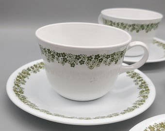 Vintage Corelle Spring Blossom Green Cups and Saucers - Set of 4