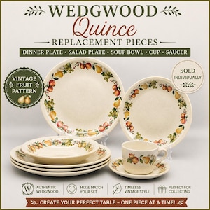 May include: A collection of Wedgwood Quince replacement pieces, including dinner plates, salad plates, a soup bowl, a cup, and a saucer. The vintage fruit pattern features pears and other fruits. The set is sold individually.