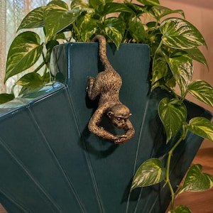 Vintage Bronze Monkey Plant Pot Hugger | Resin Hanging Monkey Planter Decor | Boho Jungle Shelf Decor | Whimsical Animal Garden Gift