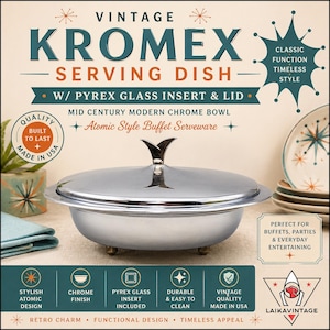 May include: A vintage chrome serving dish with a Pyrex glass insert and lid. The dish has a mid-century modern design, with a chrome finish and a stylish atomic design. The dish is made in the USA and is perfect for buffets and entertaining.