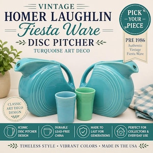 May include: Turquoise Fiesta Ware disc pitcher set. The image shows two large pitchers, two smaller tumblers, and text that reads "Vintage Homer Laughlin Fiesta Ware Disc Pitcher Turquoise Art Deco." The set is made in the USA.