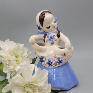 Vintage California Pottery Dancing Girl Figurine | Mid Century Folk Dancer Statue | Hand Painted Ceramic Lady | Blue Dress Cottagecore Decor