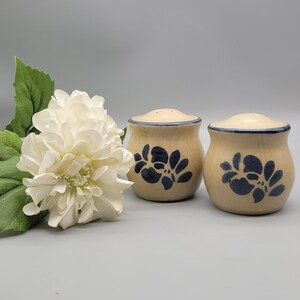 May include: Two ceramic salt and pepper shakers with a beige base and blue floral design. The shakers have a rounded shape with a lid and small holes for dispensing. A white flower and green leaves are in the background.