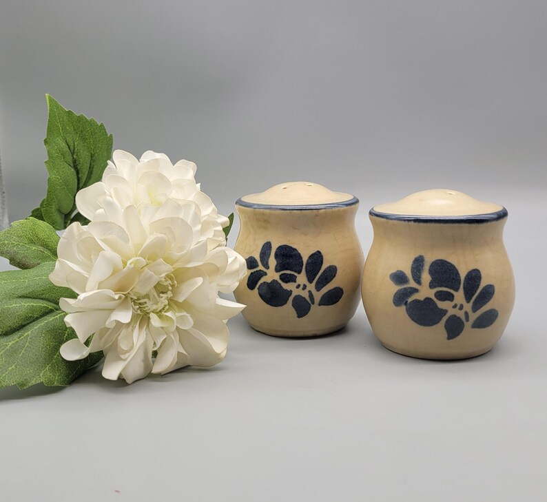 May include: Two ceramic salt and pepper shakers with a beige base and blue floral design. The shakers have a rounded shape with a lid and small holes for dispensing. A white flower and green leaves are in the background.