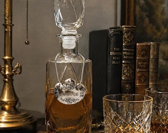 Vintage Scotch Decanter with Stopper – Etched Glass Liquor Bottle w/ Silver Tone Label Tag – Mid Century Barware Whiskey Decanter