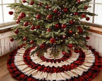 Vintage 48” Tartan Plaid Christmas Tree Skirt | Ruffled Burlap and Lace Holiday Decor