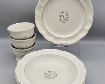 Vintage Pfaltzgraff Heirloom Dishes Soup Bowl Dessert Bowl Lunch Plate Gray  White Flowers Scalloped Edge Vintage Heirloom Dinnerware