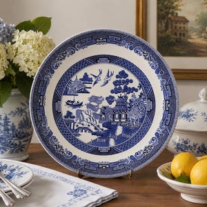 May include: A round ceramic dinner plate featuring a blue and white willow pattern. The central design depicts a traditional landscape with a pagoda, a bridge, a boat, and two birds in flight. The rim is decorated with a geometric border pattern.