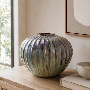 May include: A round, ribbed ceramic vase featuring a reactive glaze with blended tones of deep blue, sage green, and warm brown. The vessel has a wide, bulbous body that tapers toward a small, circular opening at the top with a dark rim.