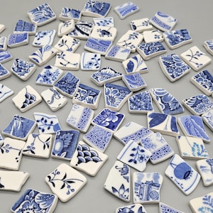 Blue & White Transferware Tumbled Chipped China Vintage Pottery Mosaic Tiles for Arts and Craft Projects Jewelry Supplies