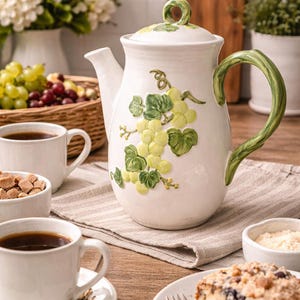 Vintage Metlox Poppytrail Coffee Pot Grape Arbor Green | 1970s California Pottery Teapot Stoneware Serving Pitcher