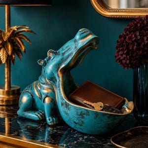 Turquoise Hippo Large Candy Dish Bowl | Teal and Gold Hippopotamus Key Bowl for Entryway | Moody Maximalist Decor | Hollywood Regency Statue