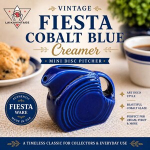 Fiesta Cobalt Blue Mini Disc Pitcher Creamer | Vintage Fiesta Ware Small Creamer | Art Deco Style Ceramic Syrup Pitcher