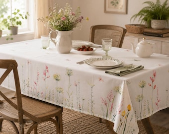 May include: A white rectangular tablecloth with a floral design featuring pink, yellow, and green wildflowers. The table is set with plates, glasses, a teapot, and a pitcher filled with flowers. Wooden chairs surround the table.