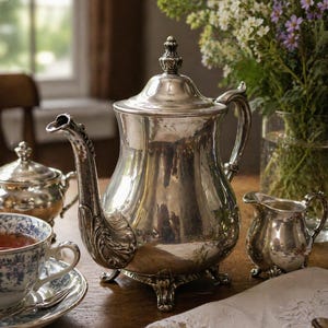 May include: A polished silver teapot with a tall lid, curved spout, and ornate feet. The teapot is accompanied by a matching silver creamer and a lidded sugar bowl, alongside a blue and white floral teacup on a saucer and a white lace napkin.