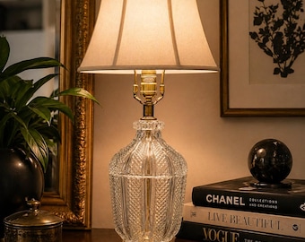 Vintage Crystal Cut Glass Table Lamp | Brass Base Hollywood Regency Lamp | Elegant Clear Glass Accent Lamp | Traditional Vintage Lighting