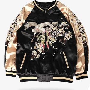 vintage sukajan embroidered crane satin black and gold bomber jacket