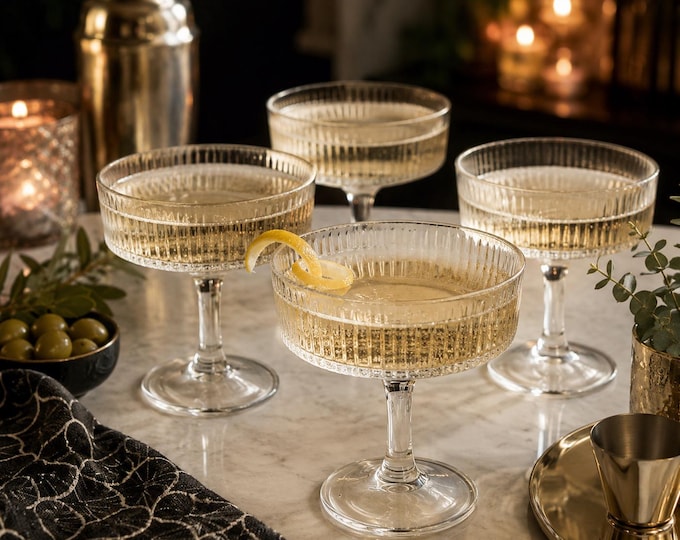 Vintage Ribbed Coupe Glasses Set of 4 | Art Deco Style Champagne Coupes | 7 oz Martini Cocktail Glasses | Clear Barware