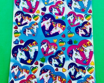 Hoja de pegatinas vintage raras de Lisa Frank “Unicornios enamorados”