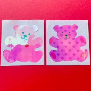 2 large rare vintage 80s Sandylion Teddy Bear stickers - pearly pink heart pattern & pearly solid pink colour (with tiny heart) versions