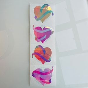 Very Rare, 4 Extra Large, Vintage 1986, Pearlescent Mrs Grossman’s Hearts with Ribbons Sticker Strip Designed by Susanna Gallisdorfer