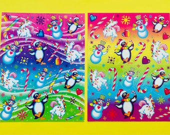 Par raro de 2 hojas de calcomanías navideñas festivas de Lisa Frank de gran tamaño y estilo vintage