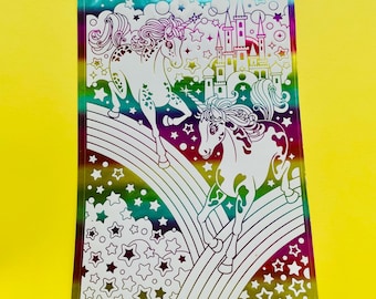 Hoja de pegatinas vintage de gran tamaño con efecto cromado y metalizado de Lisa Frank “Unicornios y arcoíris”