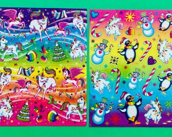 Par raro de 2 hojas de calcomanías navideñas festivas de Lisa Frank de gran tamaño y estilo vintage