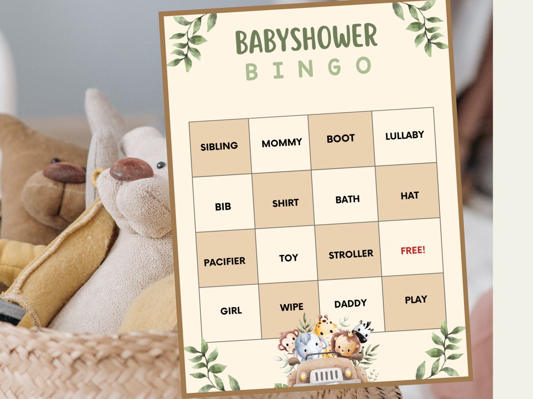 Safari Baby Shower Bingo Game - 24 Unique Cards, 5x7 Inches, Gender Neutral Jungle Animal Theme, Party Games For Adults & Family