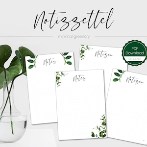 Könnte beinhalten: Vier druckbare Notizseiten mit einem grünen Blattdesign und den Worten "Notes" und "Notizen" auf jeder Seite. Die Seiten sind für minimales Grün gestaltet.