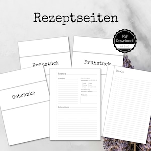 Könnte beinhalten: Eine Sammlung weißer Rezeptseiten mit schwarzem Text, einschließlich Abschnitten für Frühstück, Getränke und Rezepte. Die Seiten sind auf einem hellen Hintergrund mit einem PDF-Download-Label angeordnet. Der Text "Rezeptseiten" steht oben.