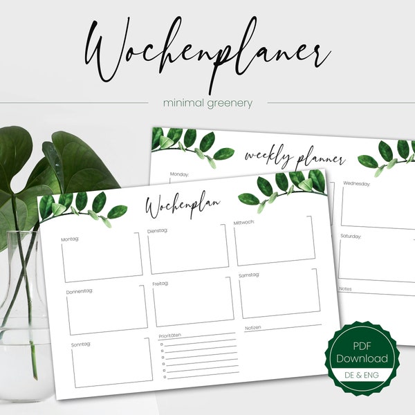 Weekly planner DIN A4 | digital calendar template | table planner | Desk Planner | digital Download PDF | Plants | white green