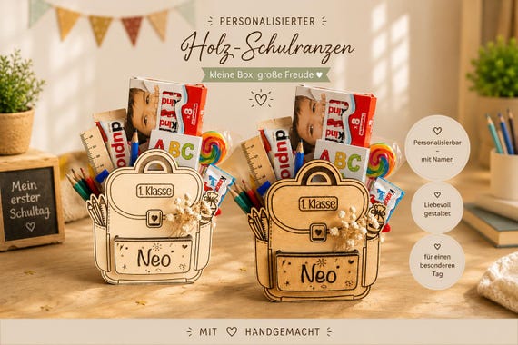 Personalisierter Holz Schulranzen Geschenk zur Einschulung - Befüllbare Stiftebox - 1. Klasse Deko - Geschenkidee Schule - Deko Einschulung