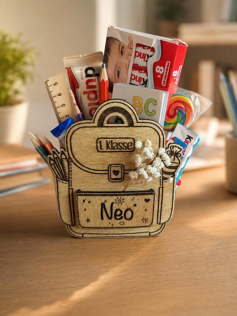 Puede incluir: Un recipiente de madera con forma de mochila lleno de &uacute;tiles escolares y golosinas. El recipiente tiene el texto "1 Klasse" y "Neo". Contenido: l&aacute;pices, una regla, caramelos y una caja de chocolate Kinder.