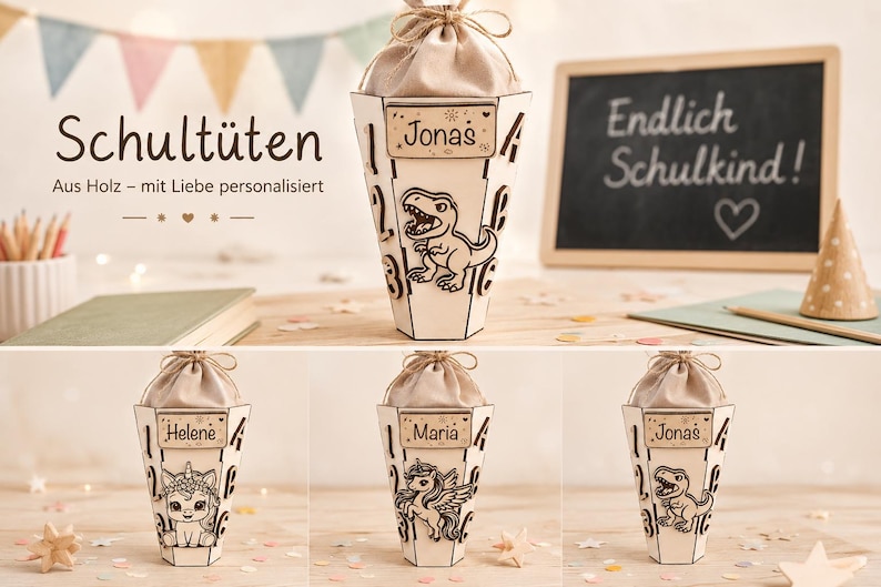 Puede incluir: Schult&uuml;ten de madera, personalizadas con nombres y dise&ntilde;os. La imagen muestra ejemplos con un dinosaurio y un unicornio. El texto en la pizarra dice "Endlich Schulkind!" (&iexcl;Finalmente un escolar!).