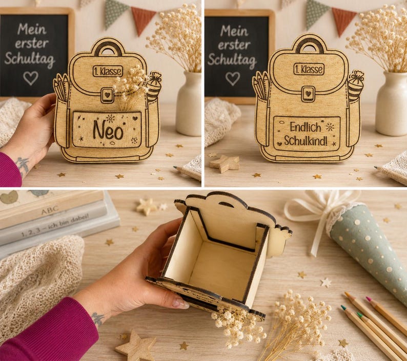 Puede incluir: Caja de madera con forma de mochila con el nombre "Neo" grabado en la parte delantera. La caja est&aacute; llena de flores secas y tiene un peque&ntilde;o compartimento en el interior. Las palabras "1. Klasse" tambi&eacute;n est&aacute;n grabadas.