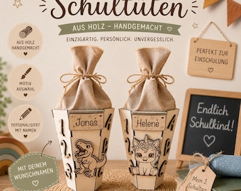 Puede incluir: Dos conos escolares personalizados de madera con bolsas de tela, con los nombres "Jonas" y "Helene". Uno tiene un diseño de dinosaurio, el otro un unicornio. El texto dice "Conos escolares personalizados" y "Perfecto para la escuela."