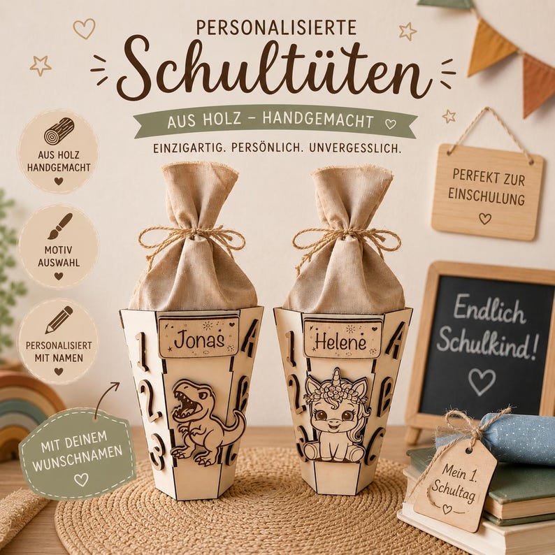 Puede incluir: Dos conos escolares personalizados de madera con bolsas de tela, con los nombres "Jonas" y "Helene". Uno tiene un dise&ntilde;o de dinosaurio, el otro un unicornio. El texto dice "Conos escolares personalizados" y "Perfecto para la escuela."