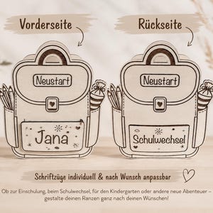 Puede incluir: Dos decoraciones de madera con forma de mochila. Una dice "Jana" y la otra "Schulwechsel". Ambas tienen la palabra "Neustart" y un s&iacute;mbolo de coraz&oacute;n. Los textos "Vorderseite" y "R&uuml;ckseite" est&aacute;n encima de las mochilas.