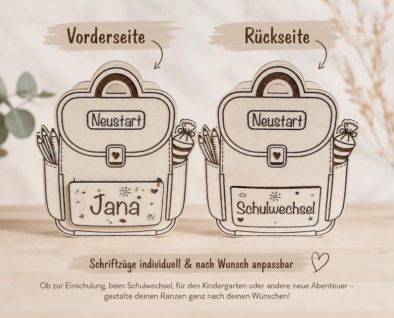 Puede incluir: Dos decoraciones de madera con forma de mochila. Una dice "Jana" y la otra "Schulwechsel". Ambas tienen la palabra "Neustart" y un s&iacute;mbolo de coraz&oacute;n. Los textos "Vorderseite" y "R&uuml;ckseite" est&aacute;n encima de las mochilas.