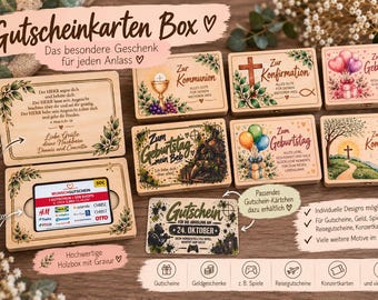 Puede incluir: Una colección de cajas de regalo rectangulares de madera con diseños grabados a láser para diversas ocasiones como cumpleaños y comuniones. Una caja abierta muestra una tarjeta de regalo, mientras que otras presentan ilustraciones y texto.