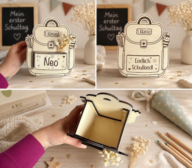 Puede incluir: Caja de madera con forma de mochila, de color marr&oacute;n claro con contornos negros. La caja tiene el texto "Neo" en la parte delantera. La caja est&aacute; decorada con un l&aacute;piz, una regla y un peque&ntilde;o ramo de flores. La tapa es abatible.
