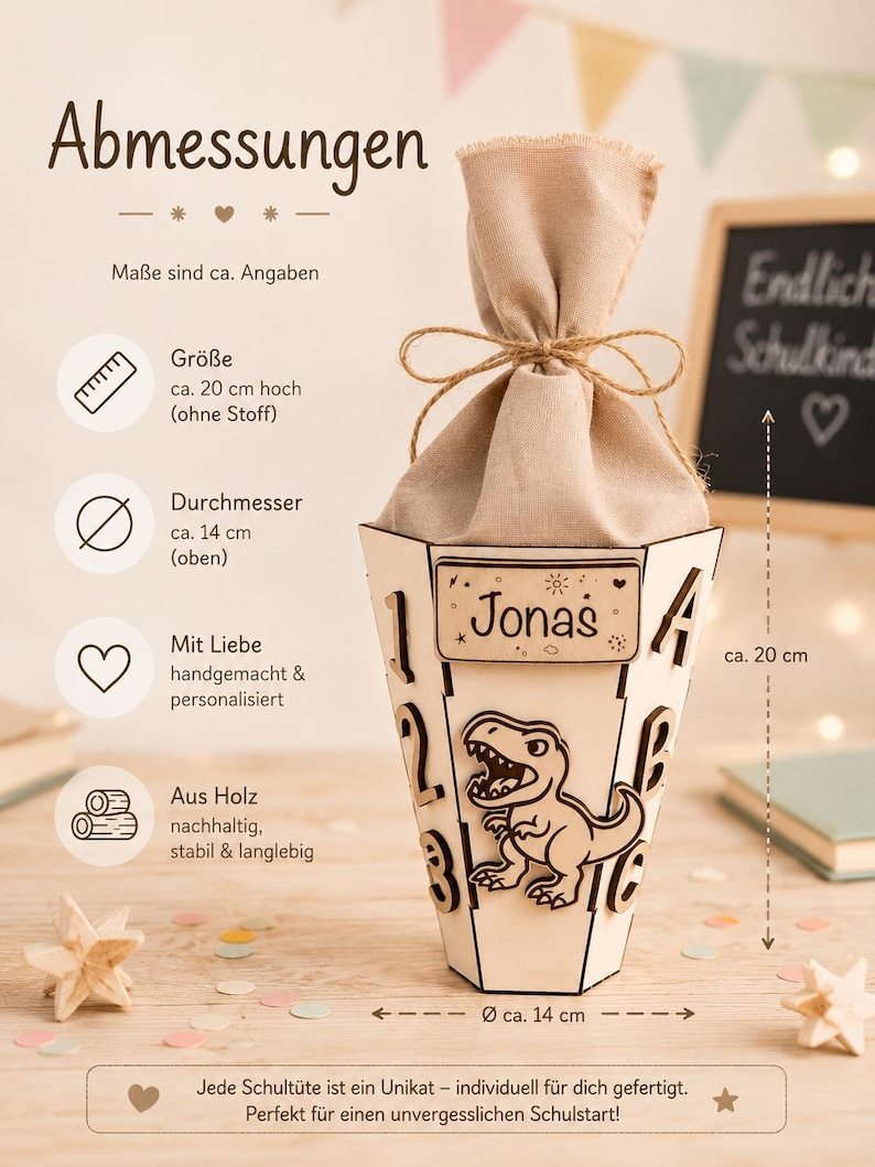 Puede incluir: Caja de regalo c&oacute;nica de madera personalizada, de aproximadamente 20 cm de alto y 14 cm de di&aacute;metro, con un dise&ntilde;o de dinosaurio y el nombre "Jonas". La caja est&aacute; rellena con una bolsa de tela beige atada con hilo. El texto "Endlich Schulkind" es visible.