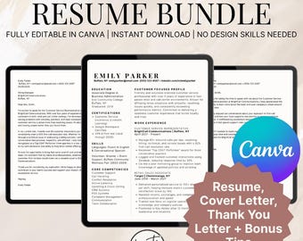 Customer Service Resume Template Bundle: Canva Editable Cover Letter, Thank You Letter + Tips