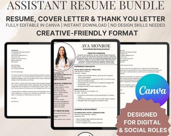 Canva Social Media Resume Template Bundle: Cover Letter, Thank You (ATS-Friendly, Editable Digital Download