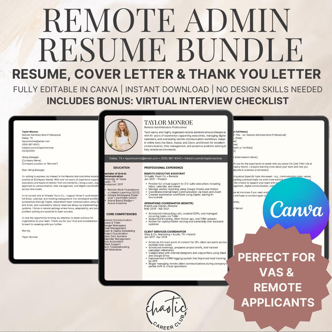 Remote Admin Resume Template Bundle | Virtual Assistant Resume + Cover Letter + Thank You | Canva + Bonus Interview Checklist
